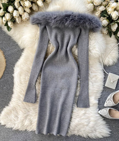 Black/white/gray autumn and winter fashion new sexy off-shoulder fashion fur collar slim hip knitted dress 11281