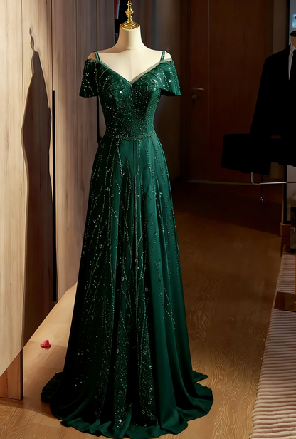 Vintage Silver Beaded A-Line Off-Shoulder Tulle Evening Gown TP5471