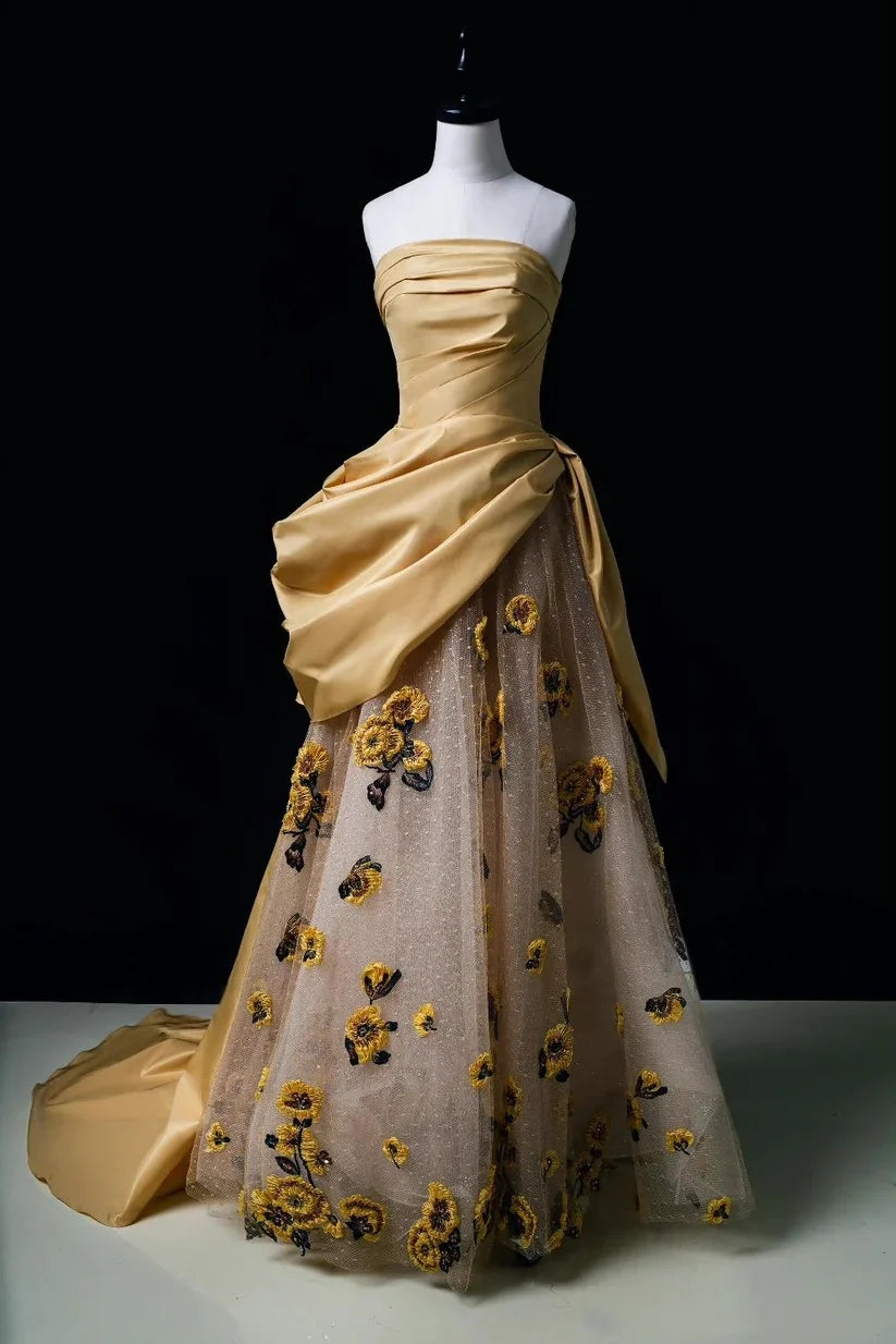 Girlhomeshops-Yellow floral retro shiny sweet long prom dress evening dress gh5339