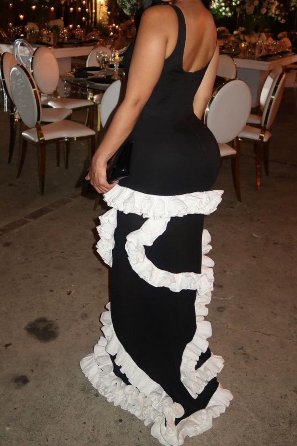 Vintage Luxury Trendy Style Spaghetti Strap Gown | Black-White Wave Ruffled Mermaid Maxi Dress for Gala Art Exhibition Luxury Social Event gh6441