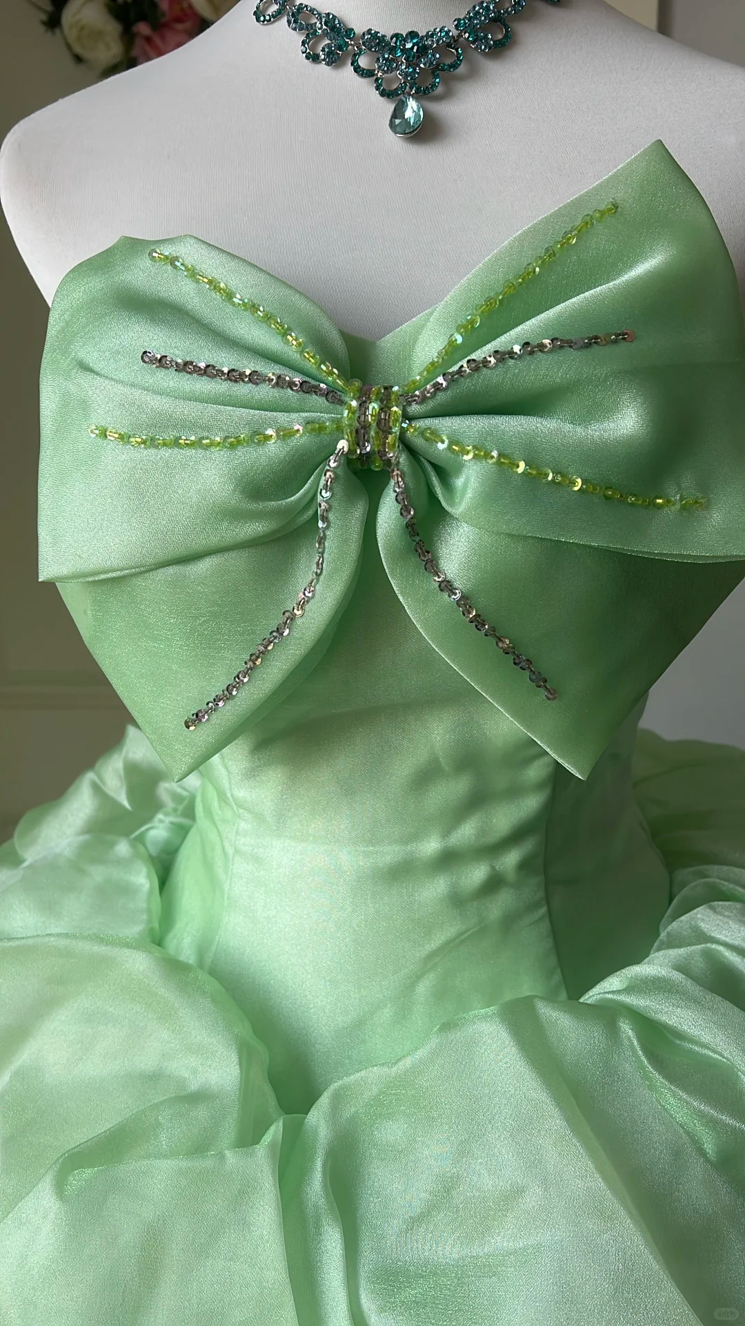 Glamorous Mint Green Strapless Beaded Bow Tiered Organza Ball Gown TP5833