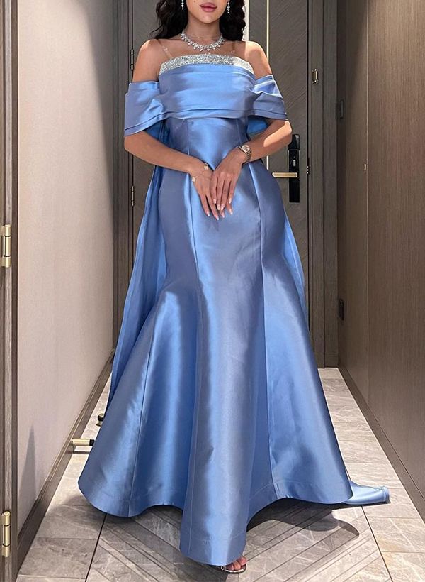 Elegant Blue Off-the-Shoulder Mermaid Beaded Evening Gown TP5732