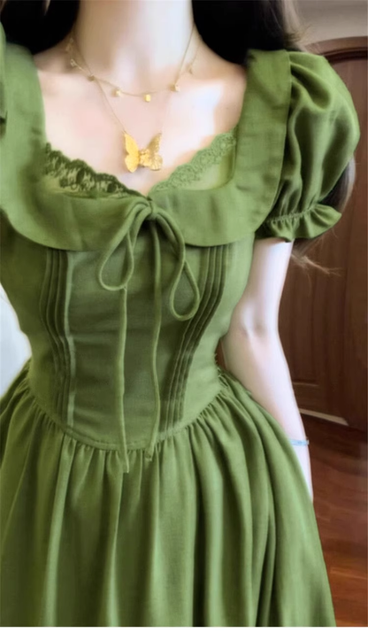 Vintage Olive Green Prom Dress A-Line Short-sleeve Evening Dress Long Formal Dress TP4719