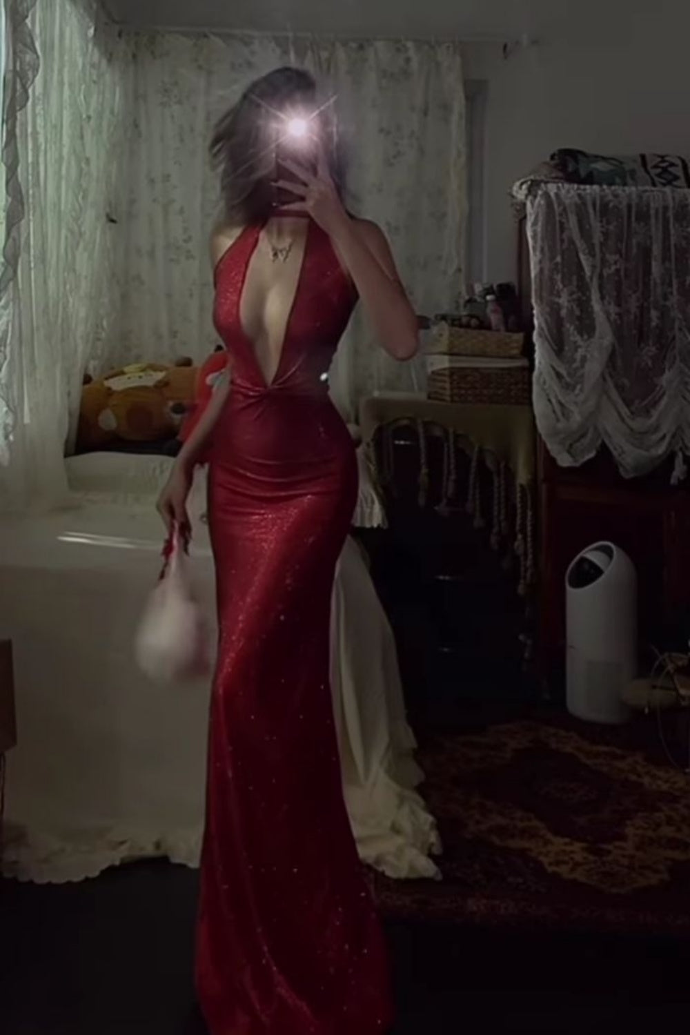Girlhomeshops-Red fashion sexy V-neck long satin prom dress evening dress birthday party dress gh5380
