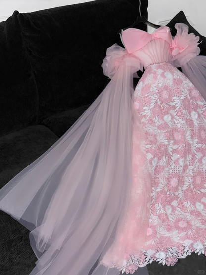 Vintage Pink Applique Bow Design A-Line Prom Dress Evening Dress TP4219