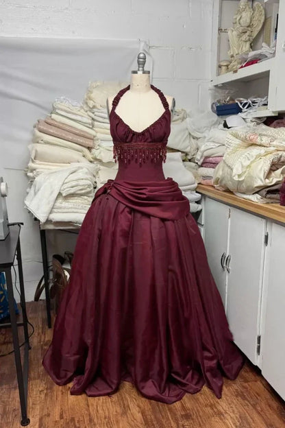 Glamorous Burgundy Halter Neck Beaded Fringe Satin Sweet 16 Quinceanera Ball Gown TP5698