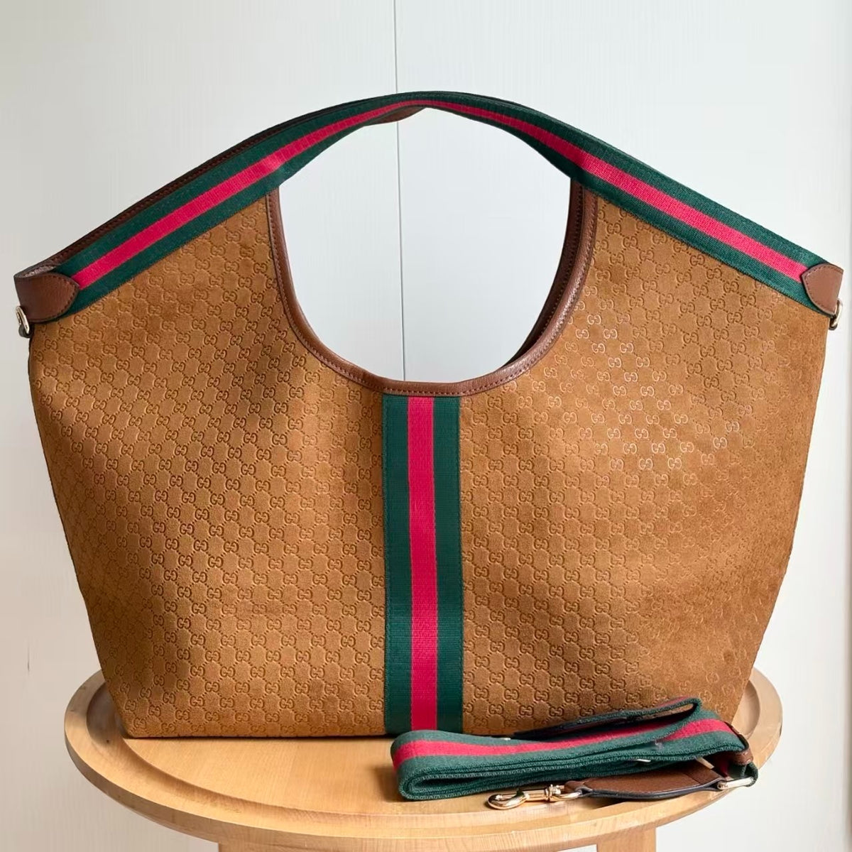 Gucci Giglio Large Tote Bag Gg Suede Brown 60Cm