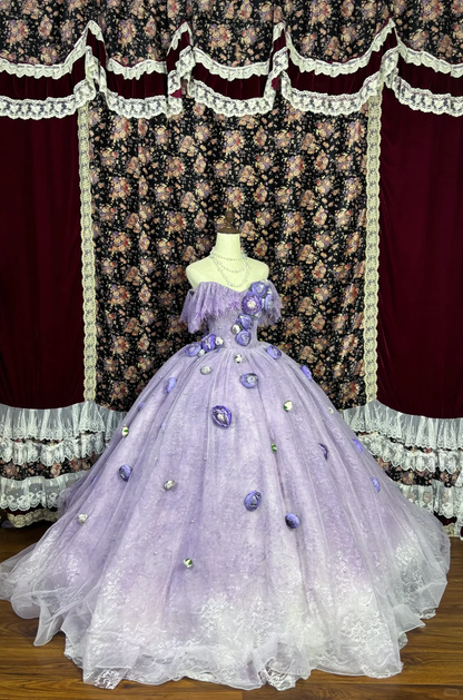 Vintage Lavender Off-Shoulder 3D Floral Applique Tulle & Lace Sweet 16 Quinceanera Ball Gown TP5337