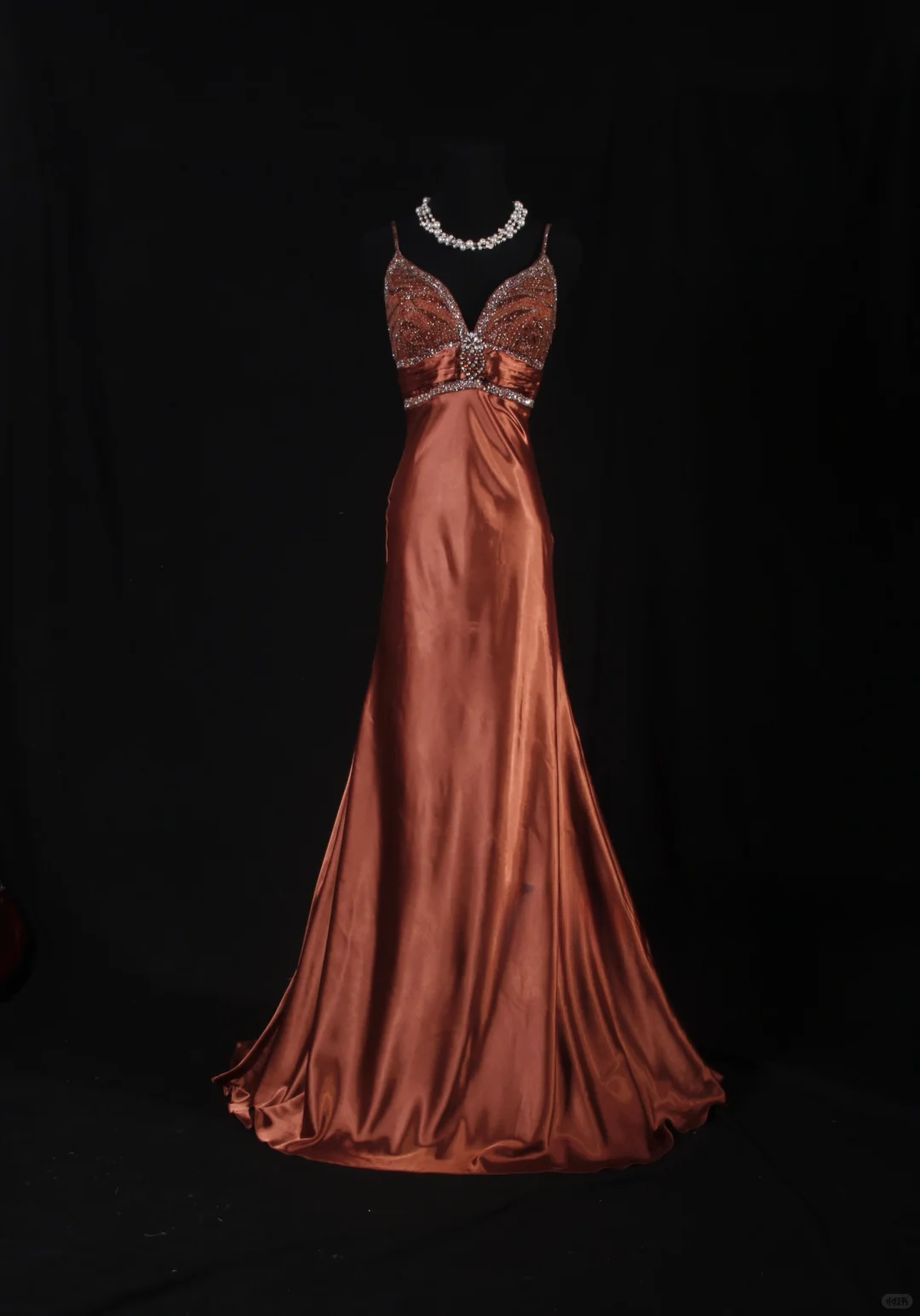 Elegant Caramel Satin Deep V-Neck Beaded Evening Gown TP5414