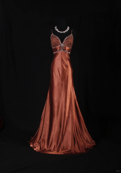 Elegant Caramel Satin Deep V-Neck Beaded Evening Gown TP5414