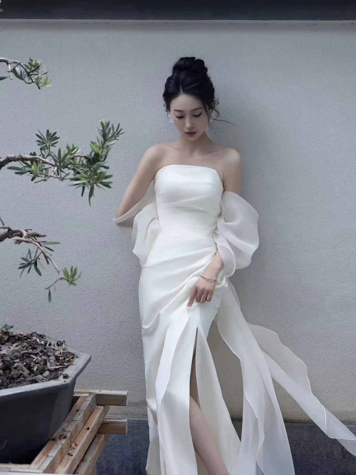 Elegant White Strapless Prom Dress High Slit Fairy Wedding Guest Gown Maxi Dress