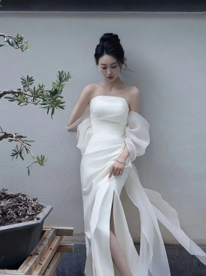 Elegant White Strapless Prom Dress High Slit Fairy Wedding Guest Gown Maxi Dress