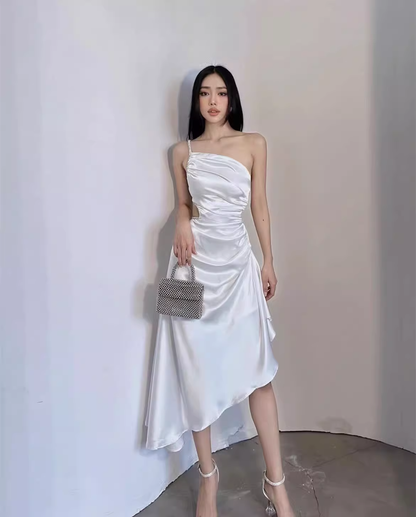 Luxury Satin Asymmetrical One-Shoulder Ruched Mermaid Prom Dress TP5748