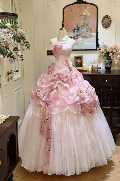 Vintage Romantic Light Pink Retro Gown - Strapless 3D Flower Layered Lace Ballgown Party Maxi Dress gh6998
