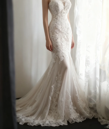 Vintage Lace Applique Mermaid Wedding Dress with Illusion Neckline & Cathedral Train TP5632