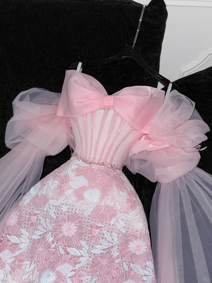 Vintage Pink Applique Bow Design A-Line Prom Dress Evening Dress TP4219