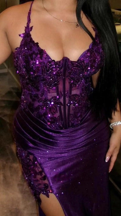 Glamorous Purple Satin Spaghetti Strap Evening Dress TP5714