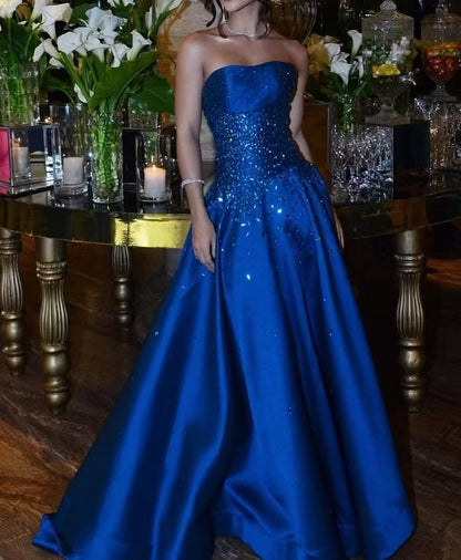 Vintage Royal Blue Strapless Satin A-Line Beaded Evening Gown TP5898
