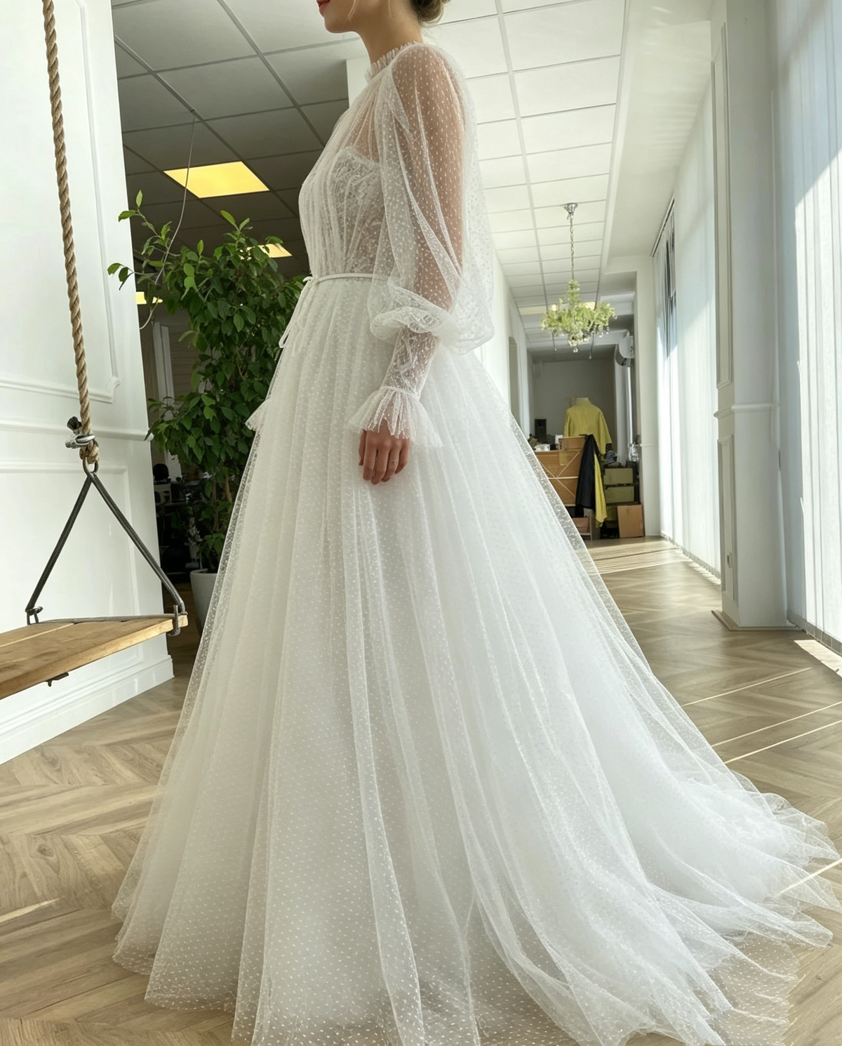 Vintage Dotted Tulle Puff Sleeve Illusion Neck A-Line Wedding TP5913