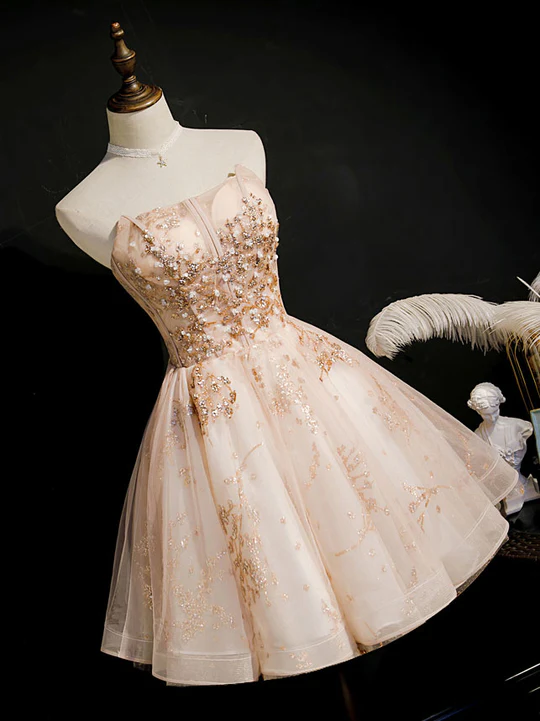 Vintage Champagne Applique Beaded Strapless Design A-line Tulle Party Dress Homecoming Dress TP4072