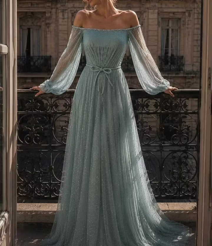 Vintage Dusty Sage Sparkle Tulle Off-the-Shoulder Long Sleeve A-Line Evening Gown TP5899