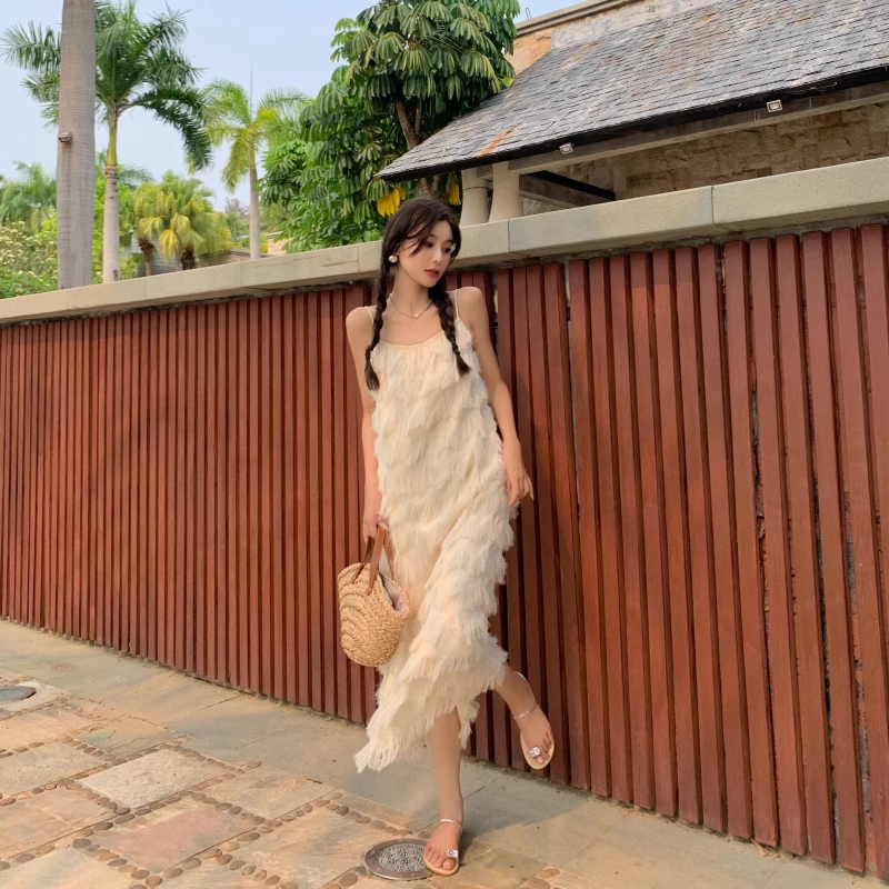 New Fashion Tassels Design Pink Beach Elegant Spaghetti Strap Dress TP2965