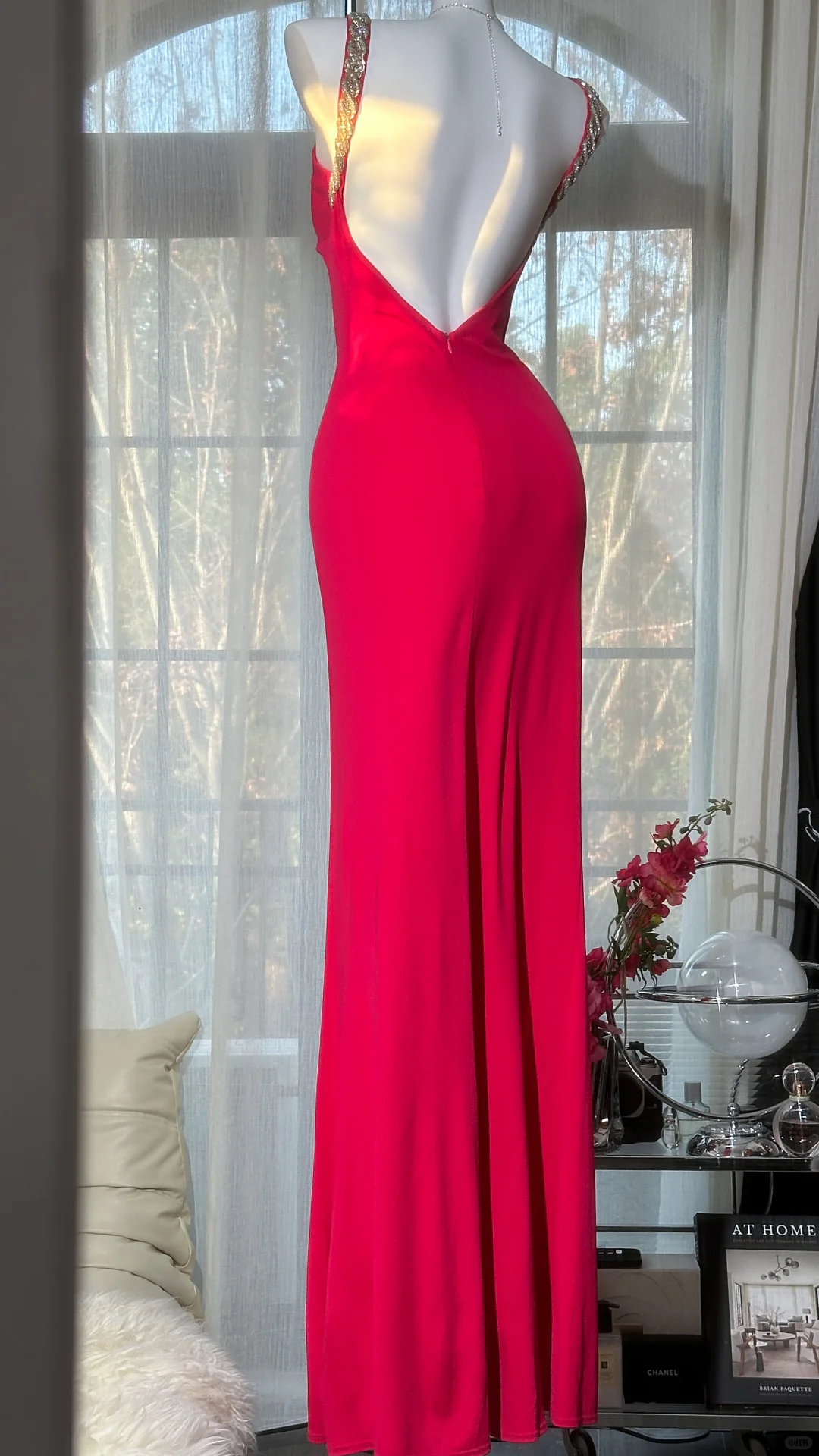 Elegant Red Spaghetti Strap V-Neck Mermaid Prom Dress Ruched Beaded Satin Evening Gown with High Slit TP5734