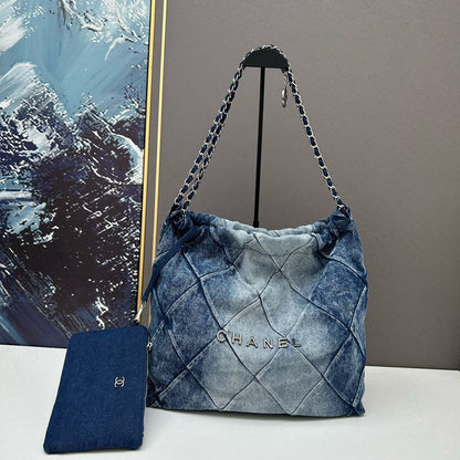 Chanel Large 22 Bag Faded Blue Denim Silver Hardware