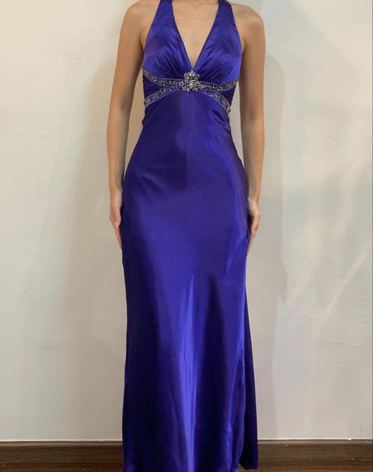 Girlhomeshops--Dark exquisite beaded halter fashionable long satin floor-length ball gown graduation dress gh5518