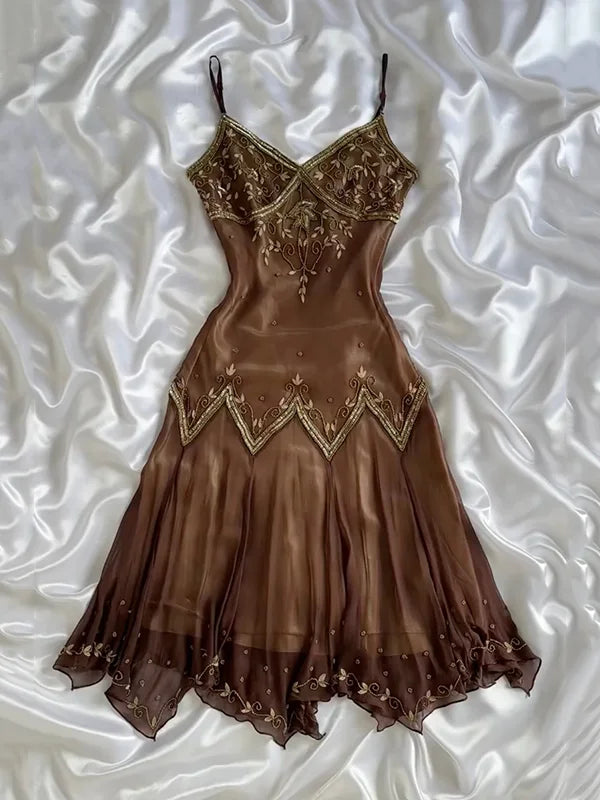 Vintage Embroidery Chiffon Spaghetti Strap Homecoming Dress Party Dress Cocktail Dress TP4681