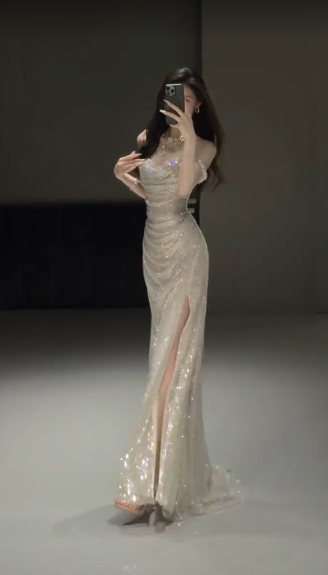 Elegant Glittering Sequined Off-Shoulder Sheath High Slit Shimmering Fabric Evening Gown TP5336