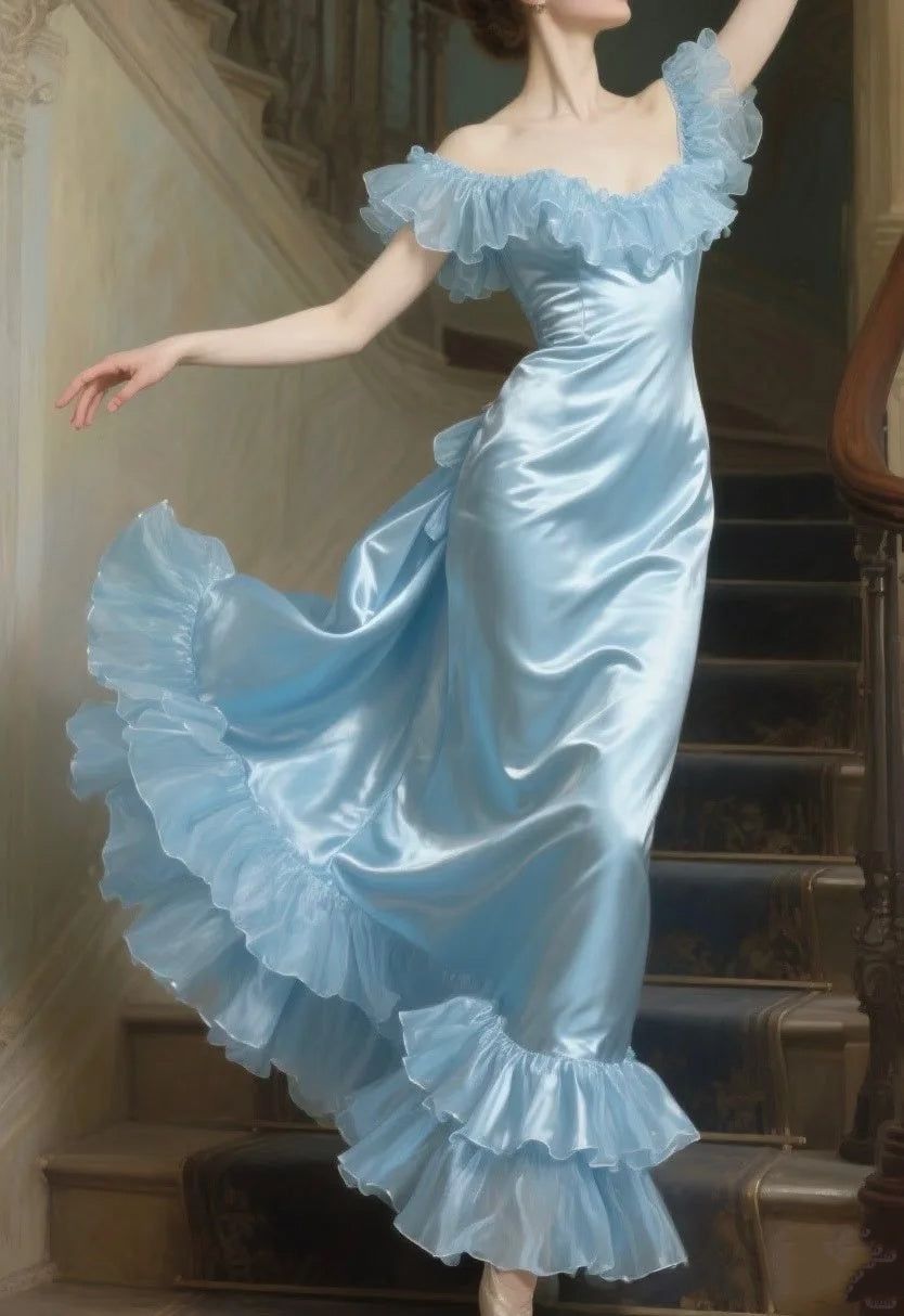Vintage Blue Mermaid Satin Off-Shoulder Ruffled Evening Gown TP5105