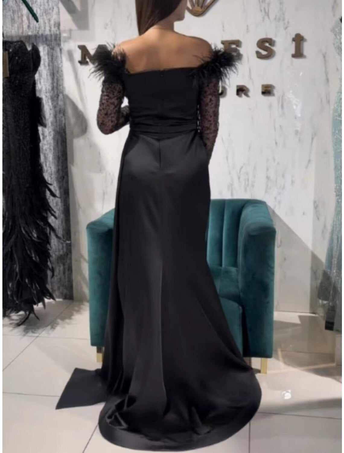 A-Line Evening Gown Party Dress Black Dress Formal Sweep / Brush Train Long Sleeve Off Shoulder Sequined with Feather Pleats Slit 2026