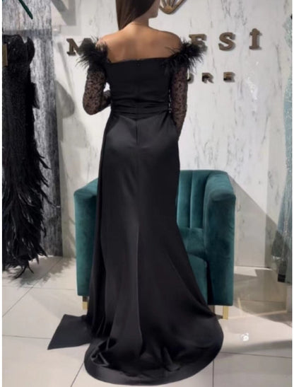 A-Line Evening Gown Party Dress Black Dress Formal Sweep / Brush Train Long Sleeve Off Shoulder Sequined with Feather Pleats Slit 2026