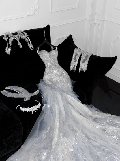 Elegant Sweetheart Lace Tulle Beaded Applique Design Gorgeous Mermaid Floor-length Wedding Dress TP4168