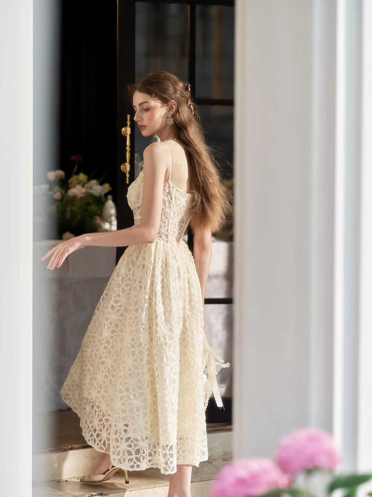 Champagne 3D Floral Lace Evening Gown Cutout Waist A-Line Midi Prom Dress TP5689