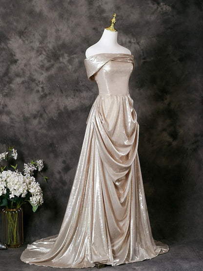 Glamorous Champagne Satin Off-Shoulder Sheath Draped Evening Gown TP5102