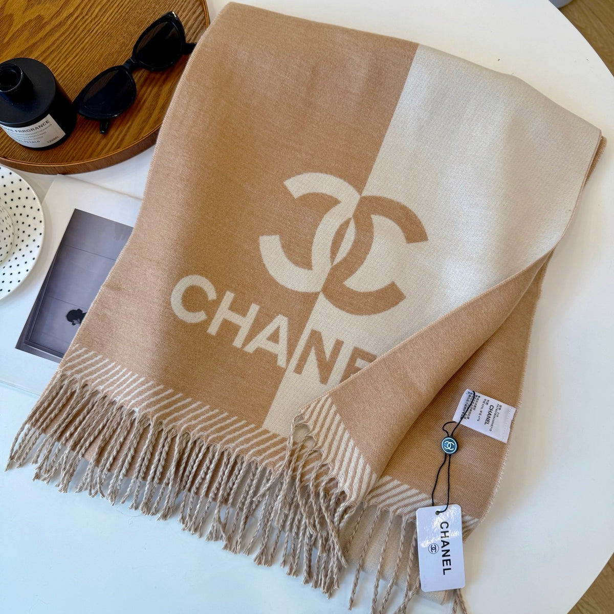 Chanel 24A Half Color Wool Scarf Beige 180Cm