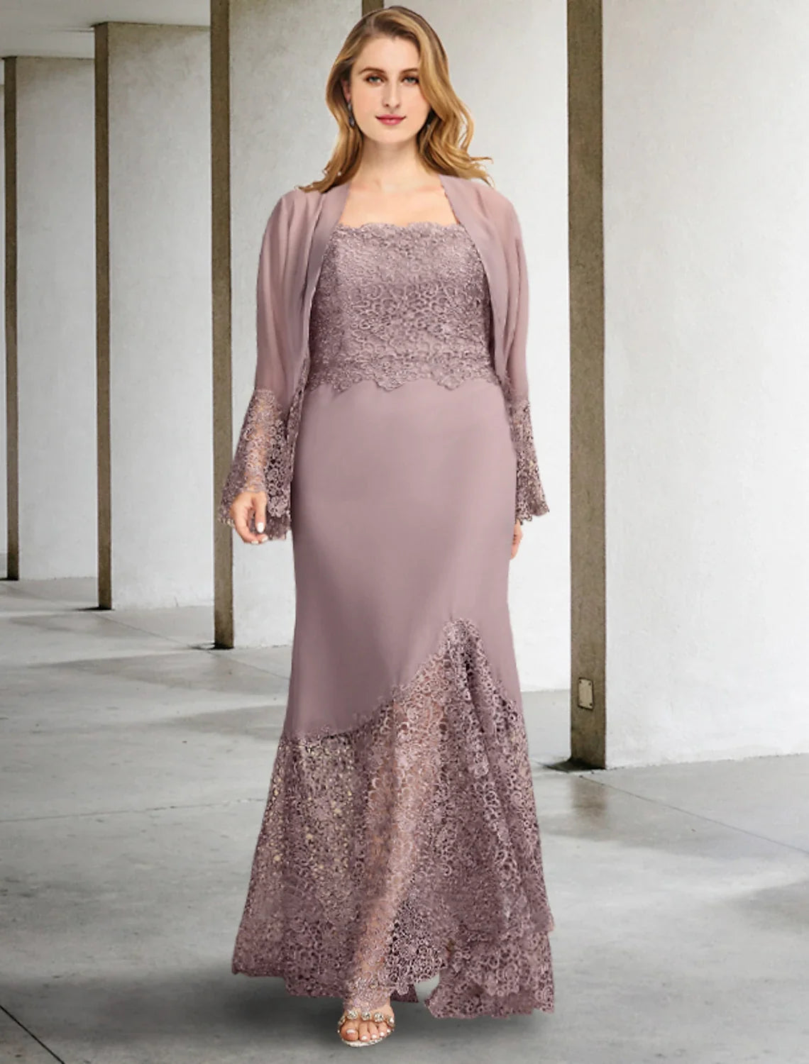 Two Piece A-Line Mother of the Bride Dresses Plus Size Hide Belly Curve Elegant Dress Formal Asymmetrical Sleeveless Square Neck Chiffon with Appliques Splicing
