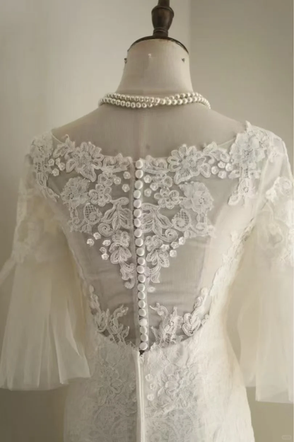 Vintage Lace Mermaid Wedding Dress with Bell Sleeves & Chapel Train TP5635