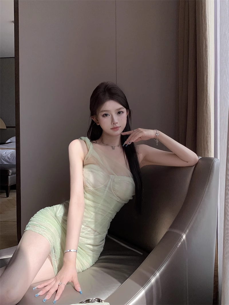 New Style Light Green Tulle Design A-line One-shoulder Homecoming Dress TP3701