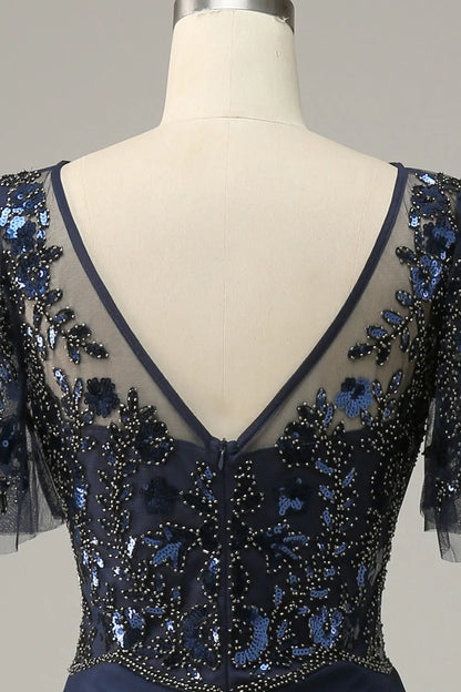 Navy blue decal sequin bridal mother dress