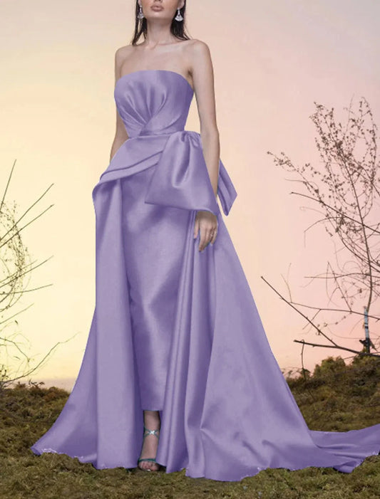 A-Line Party Dress Celebrity Style Elegant Vintage Wedding Guest Prom Dress Strapless Sleeveless Court Train Satin with Bow(s) Overskirt 2026
