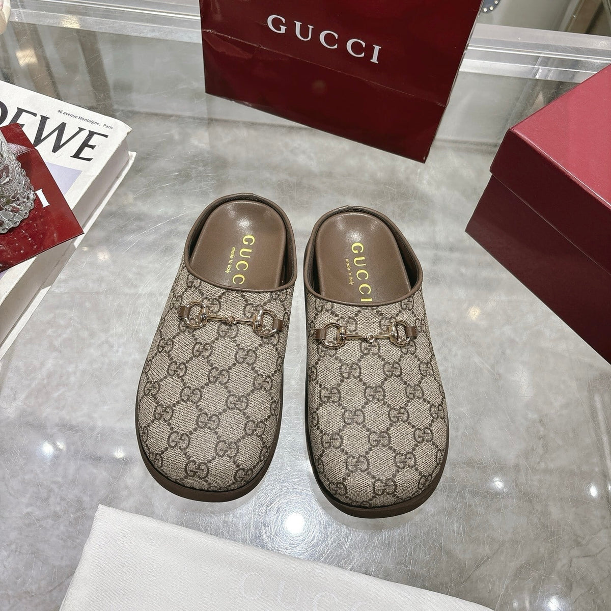 GUCCI WOMEN MULE WITH HORSEBIT CAMEL AND DARK BROWN GG CANVAS 837130 FAB10 2543