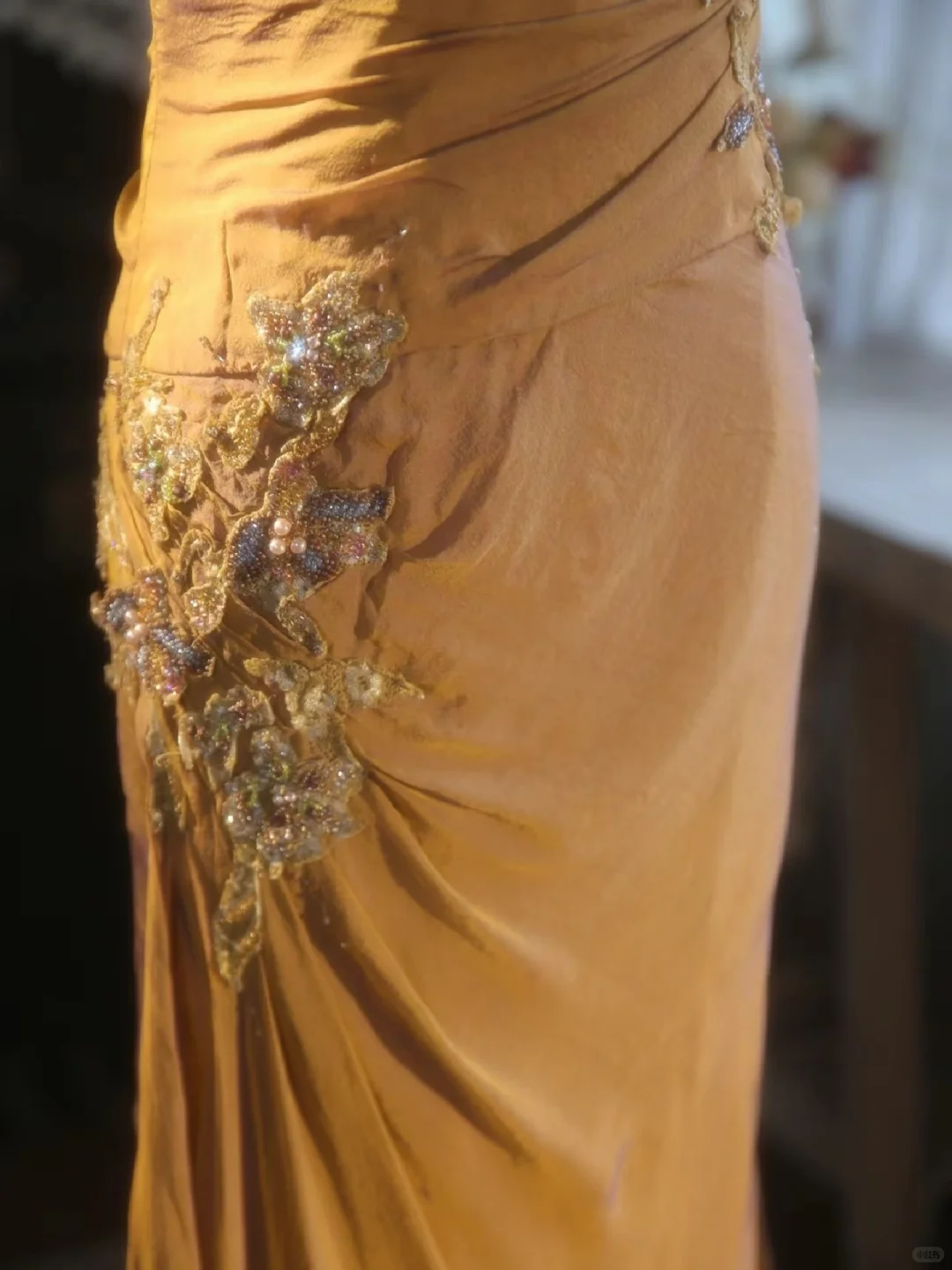 Vintage Saffron Yellow Spaghetti Strap Sequin Floral Applique Mermaid Evening Gown TP5530