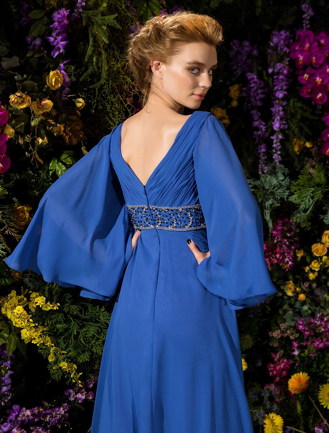 A-Line Mother of the Bride Dress Vintage Inspired V Neck Floor Length Chiffon Long Sleeve with Crystals Beading Side Draping