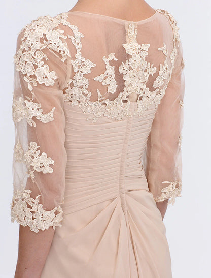 A-Line Mother of the Bride Dress Fall Wedding Guest Dresses Plus Size Elegant See Through V Neck Floor Length Chiffon Half Sleeve with Appliques Side Draping