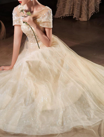 A-Line Beautiful Back Elegant Prom Formal Evening Dress Jewel Neck Short Sleeve Floor Length Lace with Beading Appliques 2025