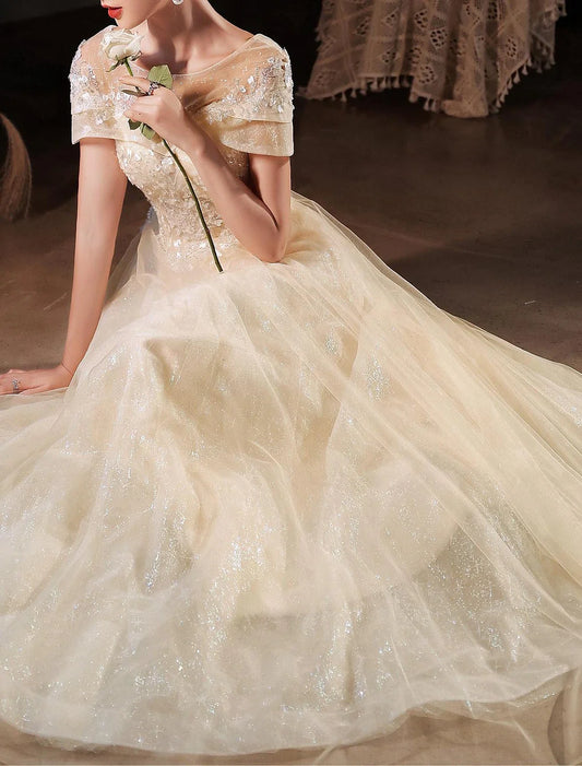 A-Line Beautiful Back Elegant Prom Formal Evening Dress Jewel Neck Short Sleeve Floor Length Lace with Beading Appliques 2025