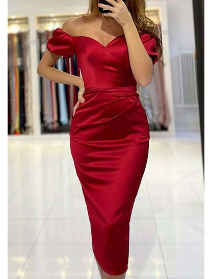 Sheath / Column Cocktail Dresses Minimalist Dress Wedding Guest Wedding Party Tea Length Short Sleeve Off Shoulder Charmeuse with Ruched
